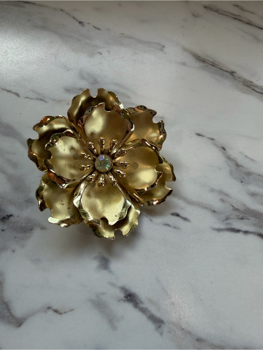 Vintage Gold Tone Flower Brooch Pin Large Dimensional Floral Statement